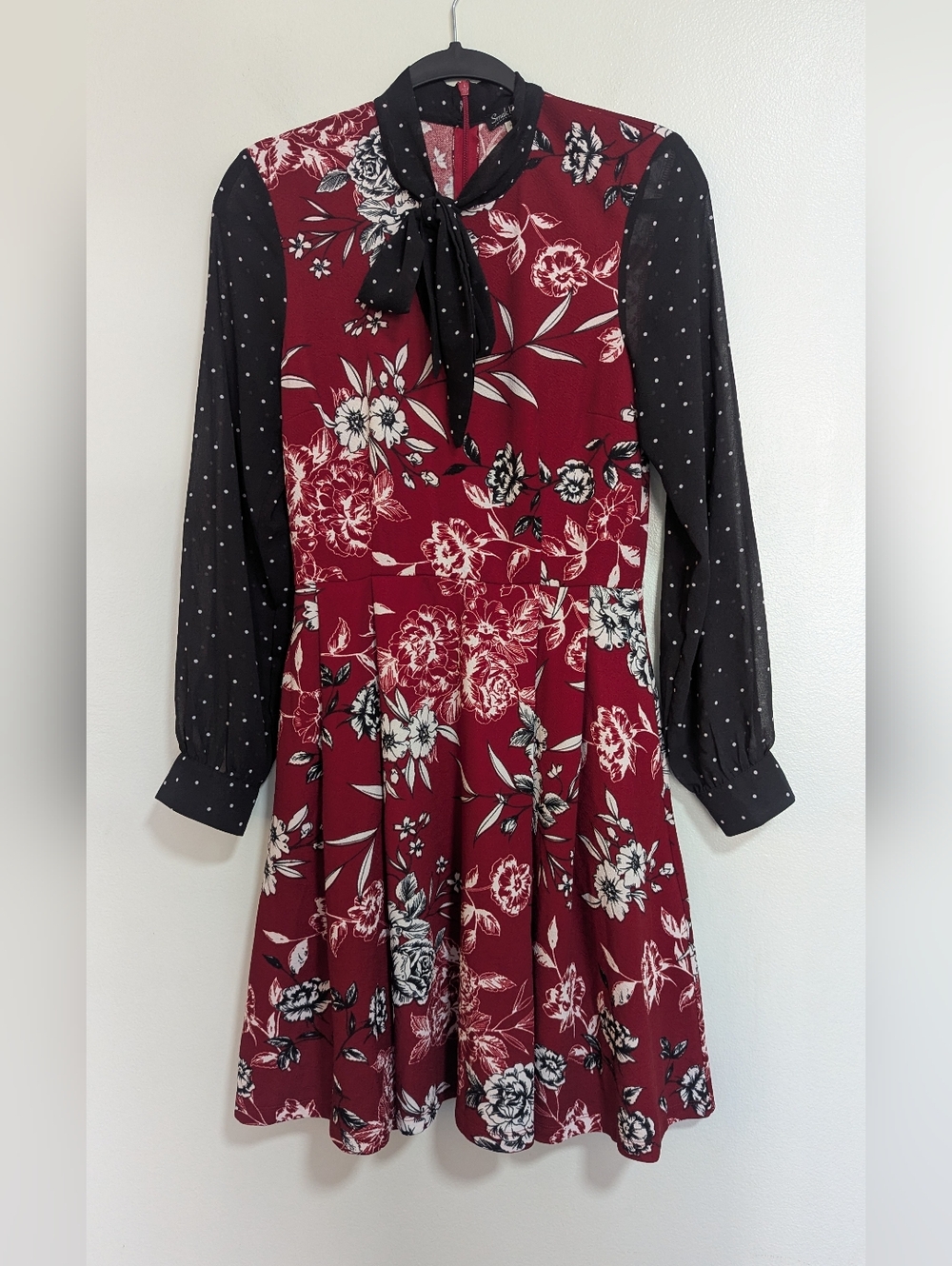 Smak Parlour Black Red Floral Polka Dot Print Long Sleeve Fit N Flare Dress M